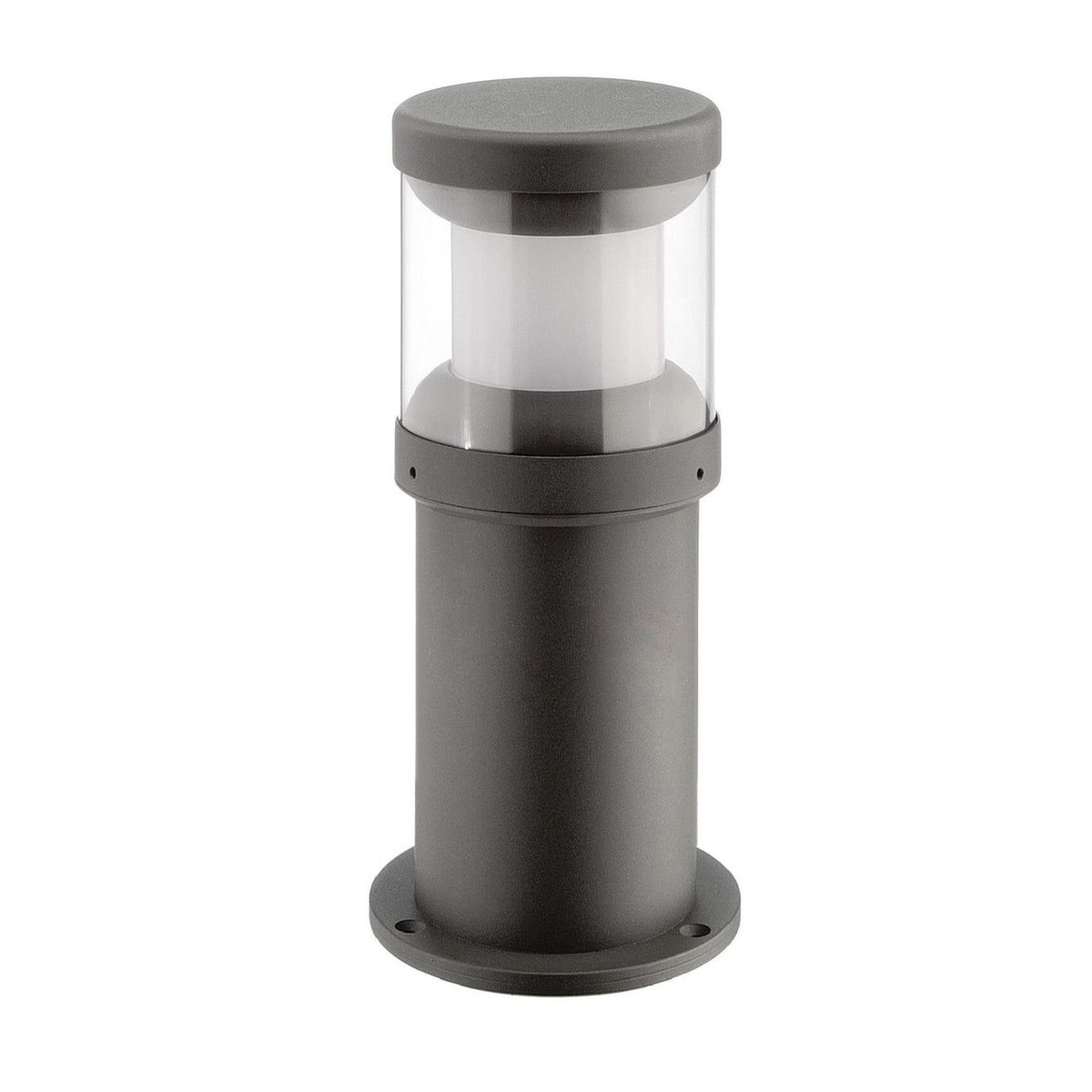 Borne lumineuse extérieure anthracite vue de face, cylindre plein et diffuseur blanc translucide