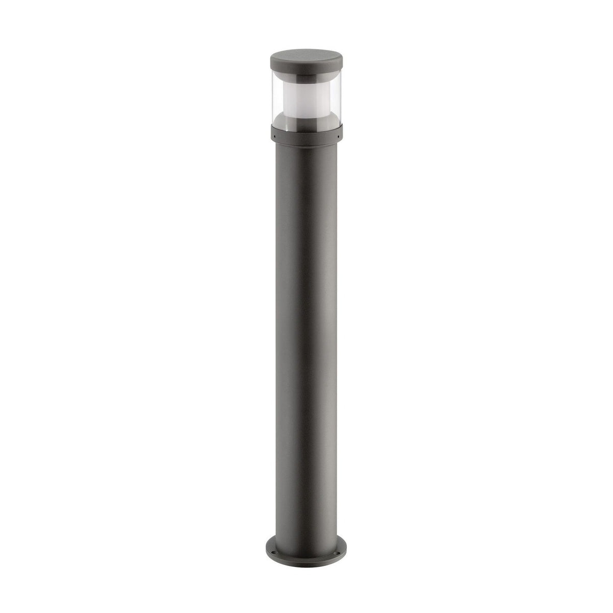 Borne lumineuse extérieure anthracite cylindrique, vue de face sur fond blanc.