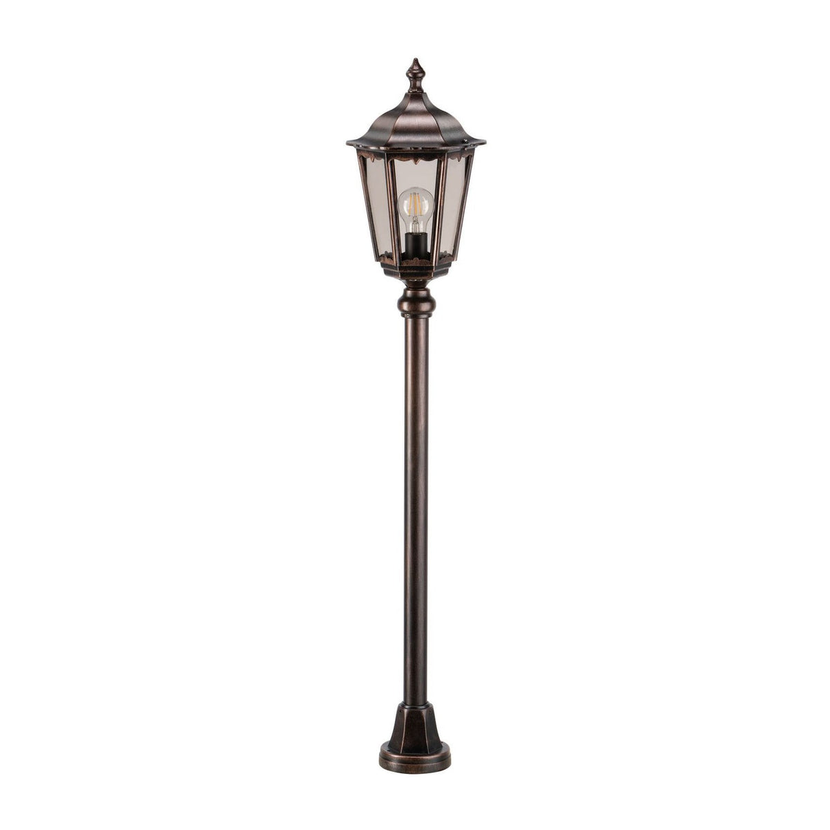 Vue de face du lampadaire extérieur complet, lanterne et pied sur fond blanc.