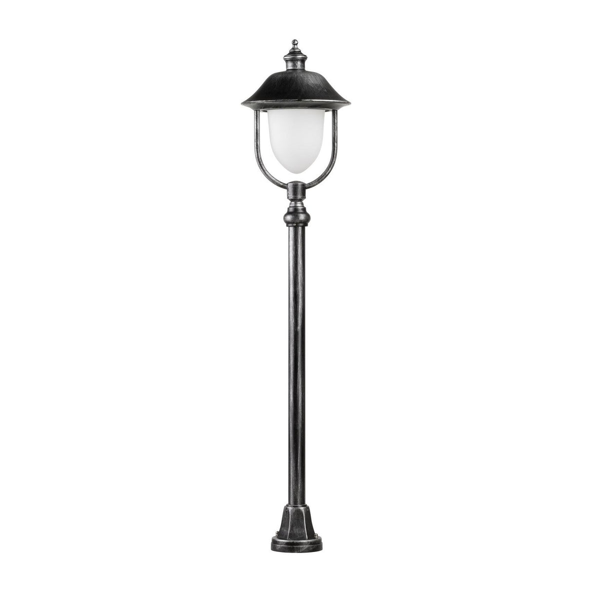 Lampadaire de jardin noir et argenté, vue de face sur fond blanc