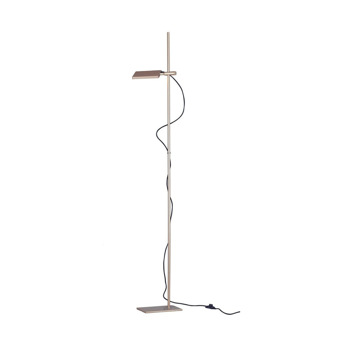 Lampadaire doré vertical avec tête rectangulaire orientable et câble noir apparent.