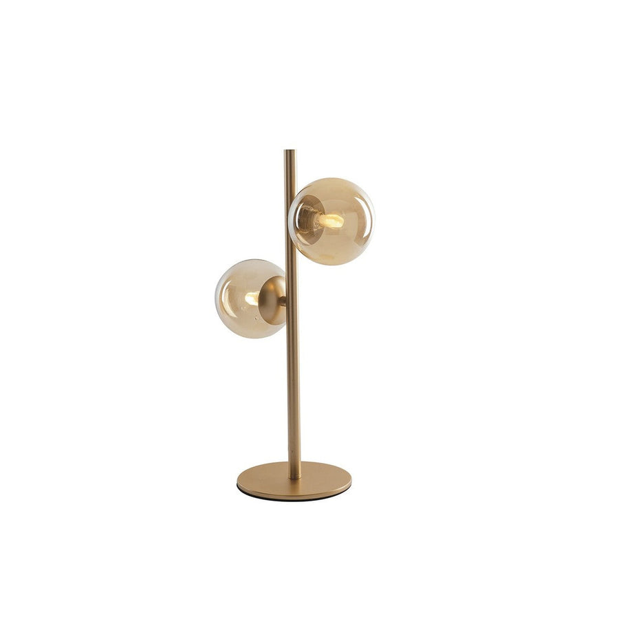 Lampe à poser de face, deux globes en verre ambré sur tige en laiton doré