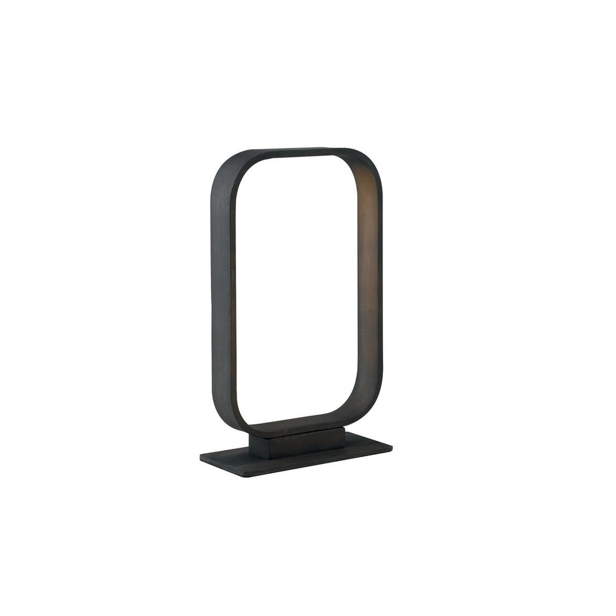 Lampe à poser de face, cadre rectangulaire arrondi ouvert sur socle plat sombre