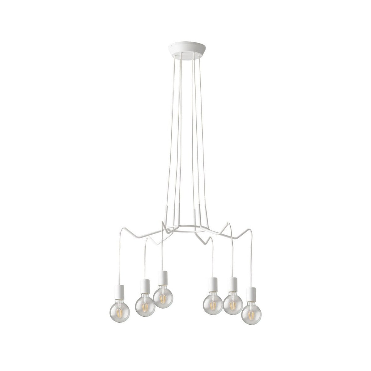 Lustre blanc suspendu vu de face avec ses six ampoules rondes apparentes