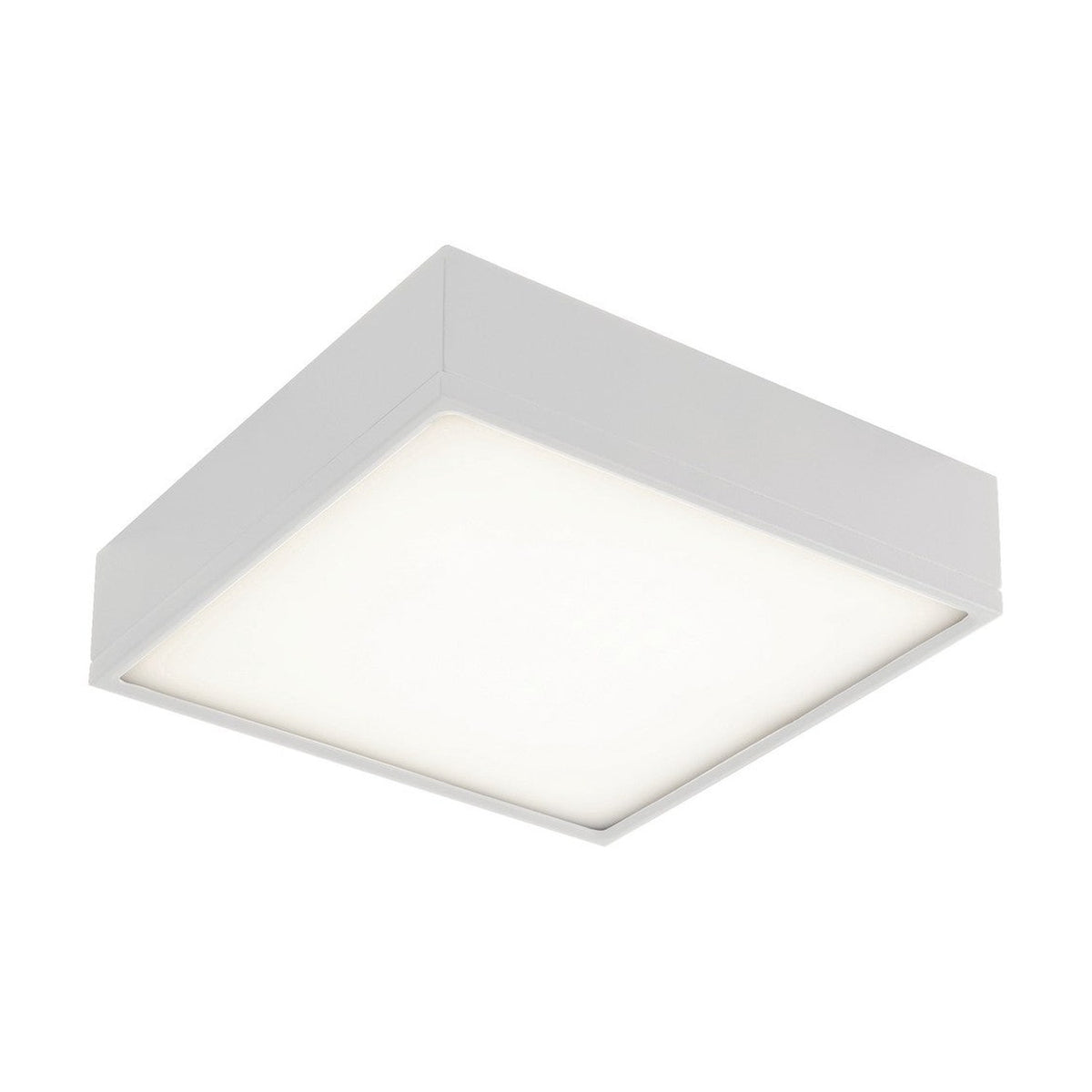 Plafonnier carré blanc vu de biais, diffuseur opale uniformément éclairé