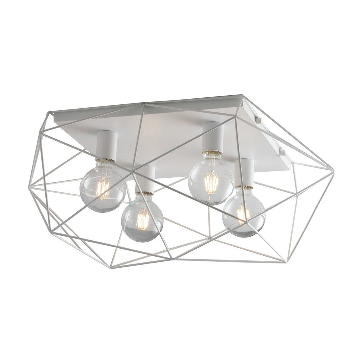 Vue de face du plafonnier blanc à cage géométrique et quatre ampoules transparentes