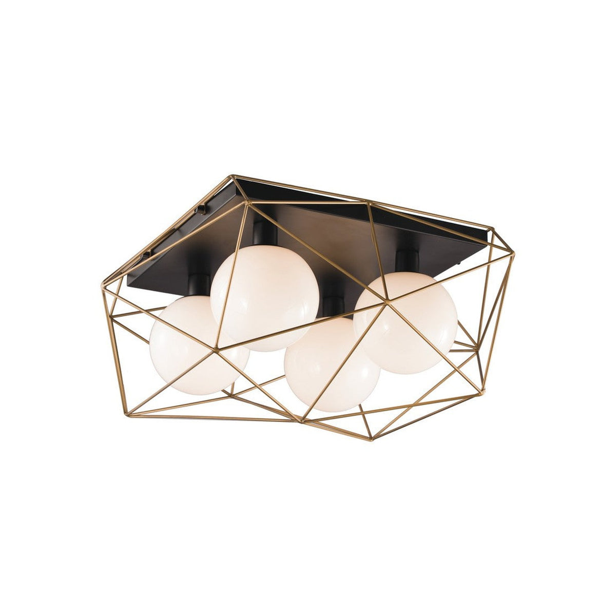 Vue de face du plafonnier doré à cage géométrique et cinq globes opalins