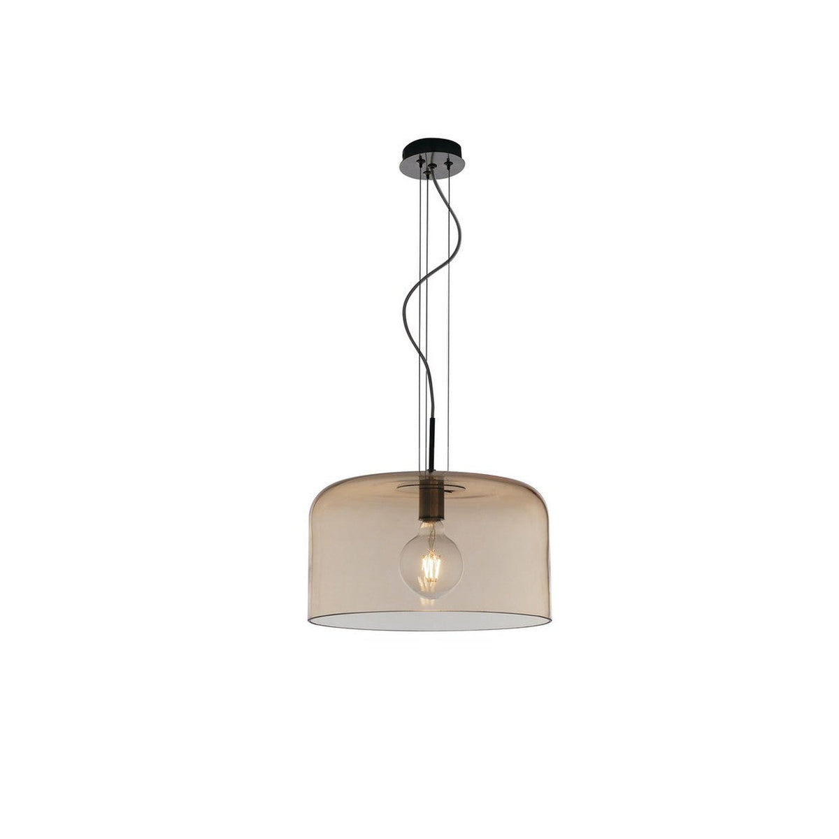 Suspension en verre ambré, douille noire et ampoule visible, vue de face sur fond blanc