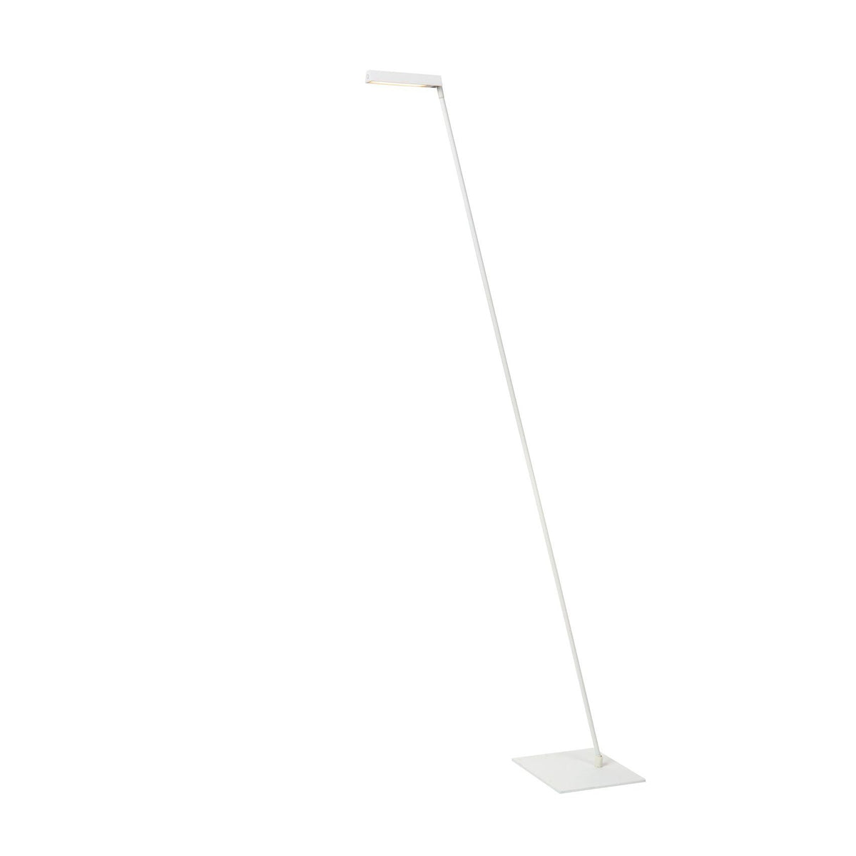 Lampadaire blanc fin vu de trois quarts, mât grêle et socle carré plat