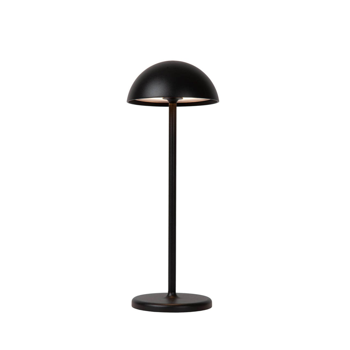 Lampe extérieure noire de face, abat-jour demi-sphère et tige fine sur socle rond.