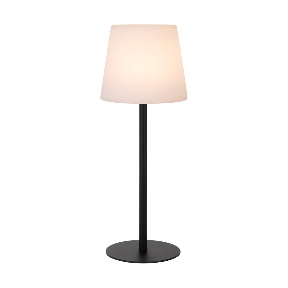 Vue de face sur fond blanc, lampe à poser entière avec abat-jour opale