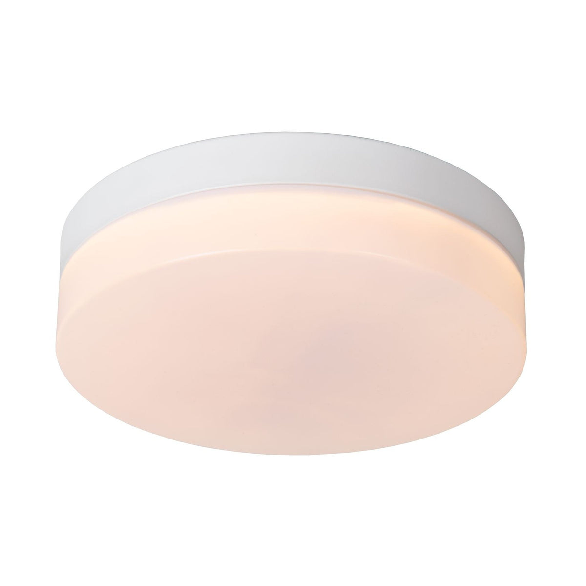 Plafonnier rond blanc allumé, vue de trois quarts sur fond blanc, diffuseur opale