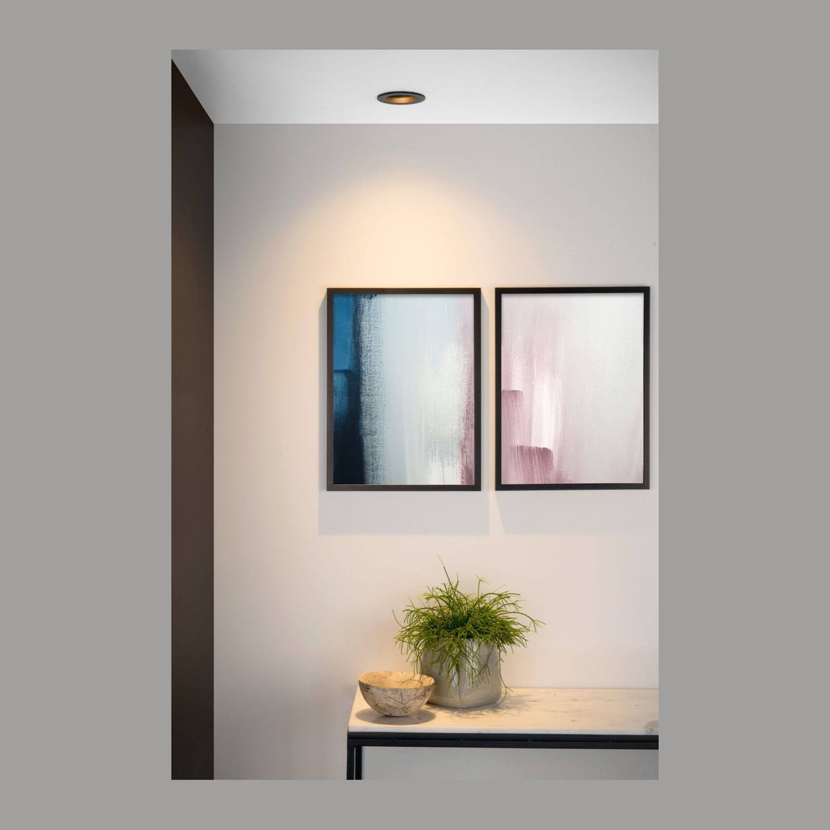 Vue d’ambiance avec spot encastré noir au plafond, tableaux abstraits et plante