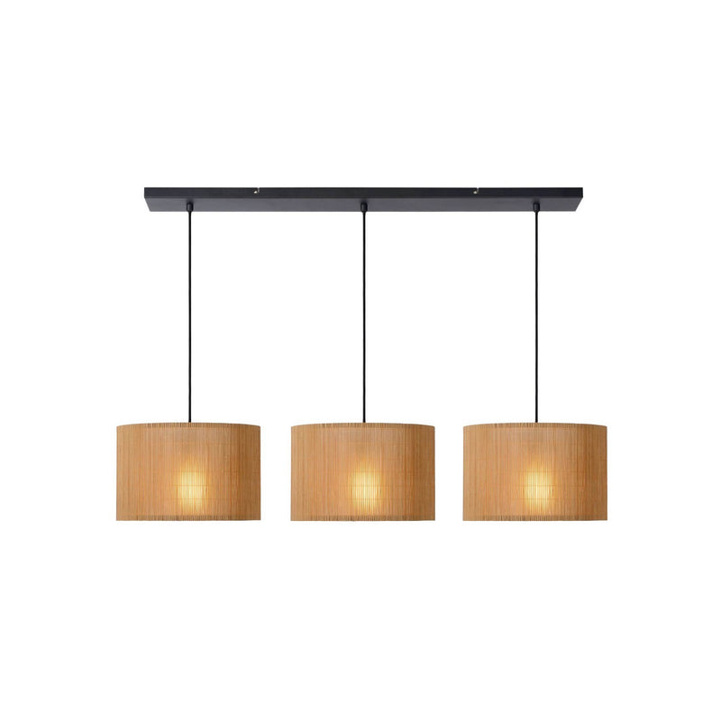Suspension Magius 3 lumières bois clair et noire, rotin