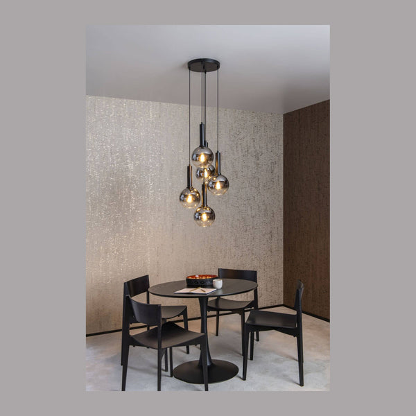 Suspension Marius 5 lumières noire et fumée, verre