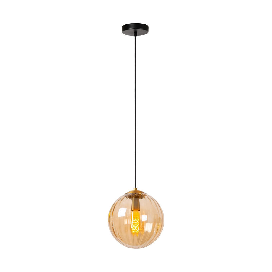 Suspension en verre ambré avec câble noir et ampoule allumée, vue de face.