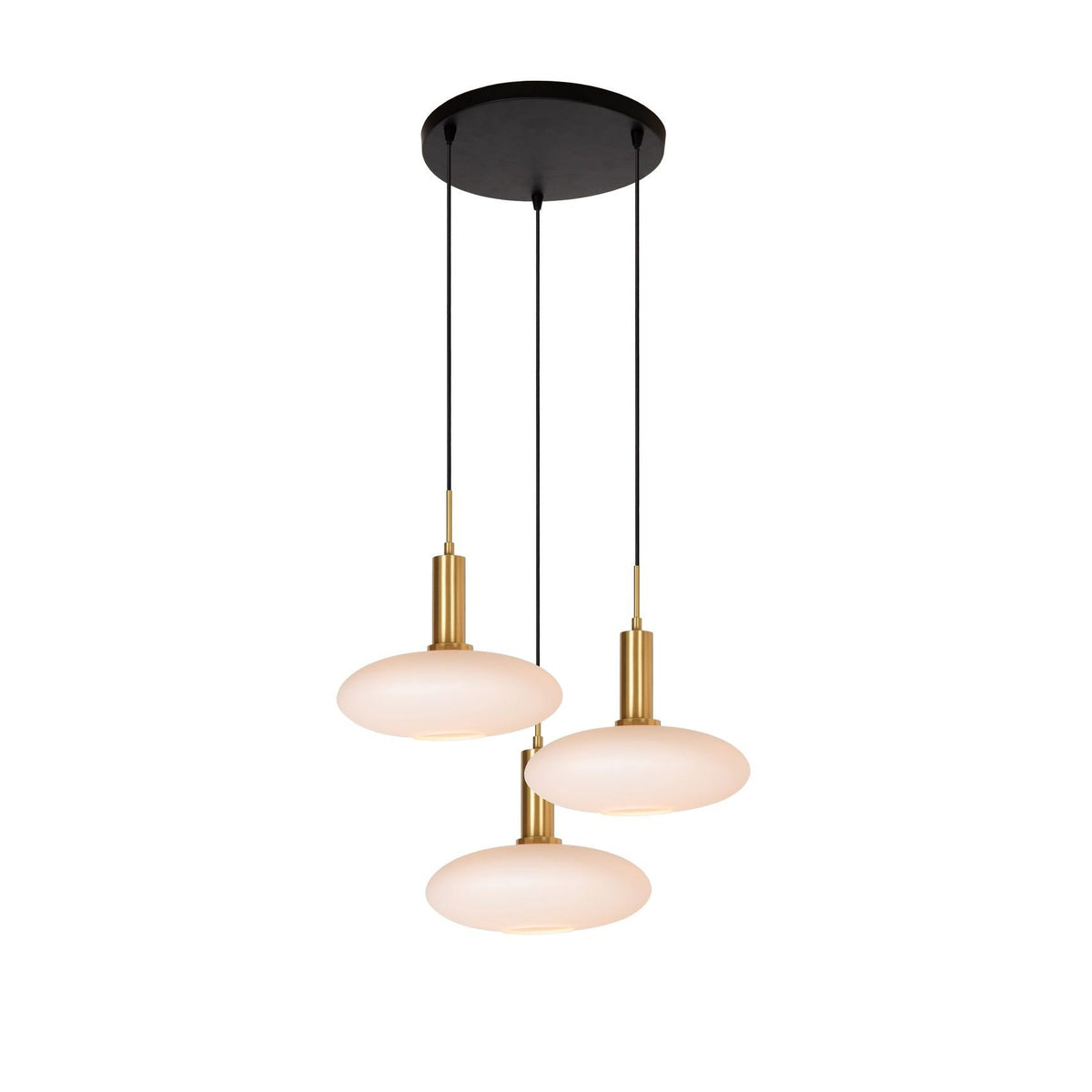 Suspension trois lumières, verre opale et finition dorée mate, vue de face.