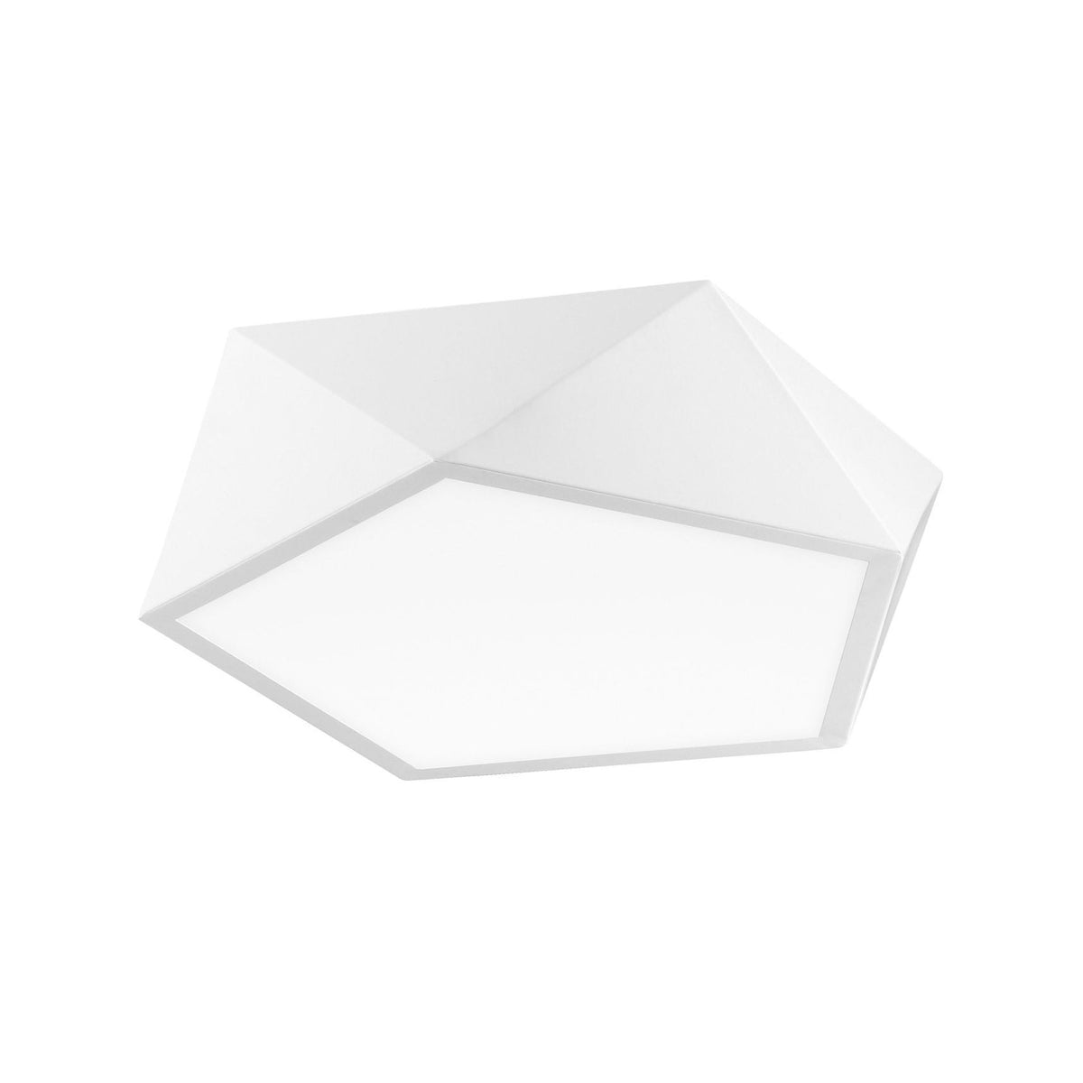 Plafonnier hexagonal blanc vu de trois quarts, diffuseur opale allumé