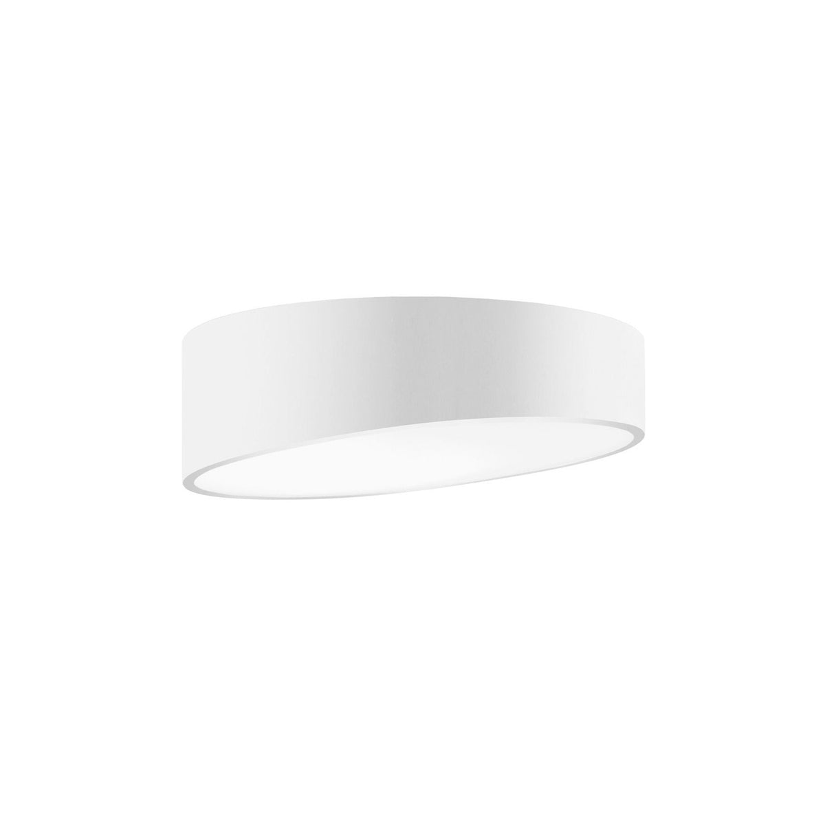 Plafonnier cylindrique blanc vu de trois quarts sur fond blanc neutre