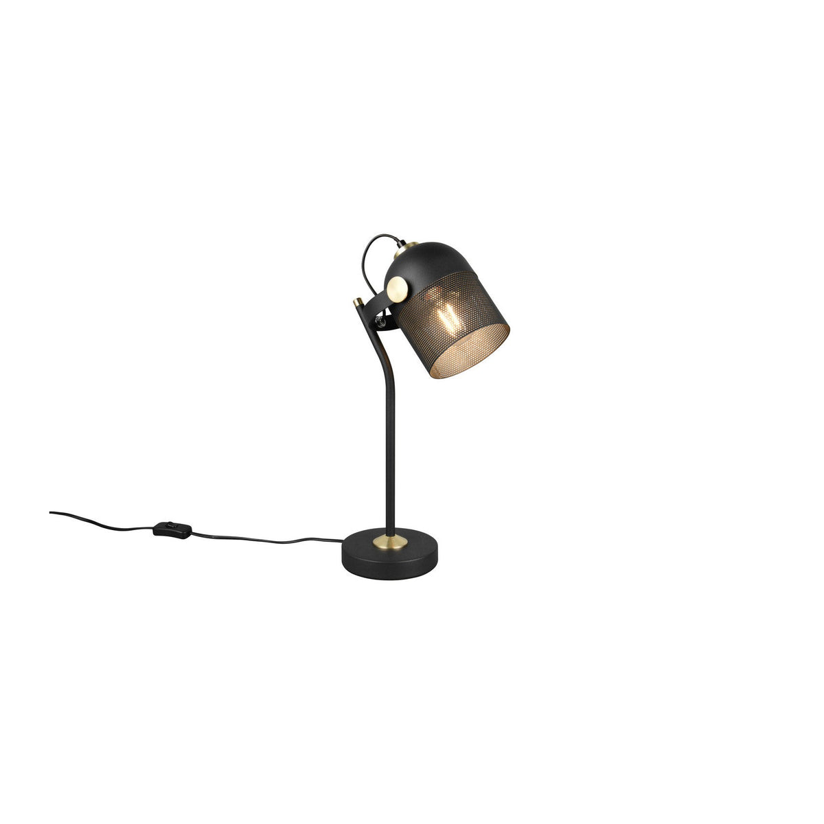 Lampe à poser noire mat présentée de trois quarts, abat-jour orientable allumé