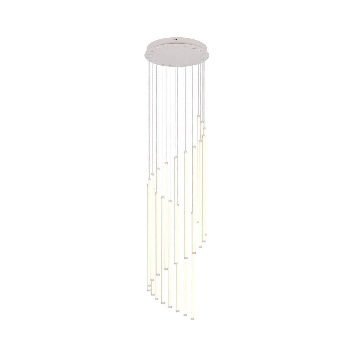Suspension moderne composée de nombreux tubes LED verticaux suspendus à un plateau rond blanc.