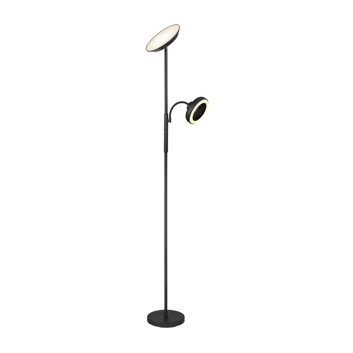 Lampadaire noir mat de face sur fond blanc, pied et diffuseur rond visibles