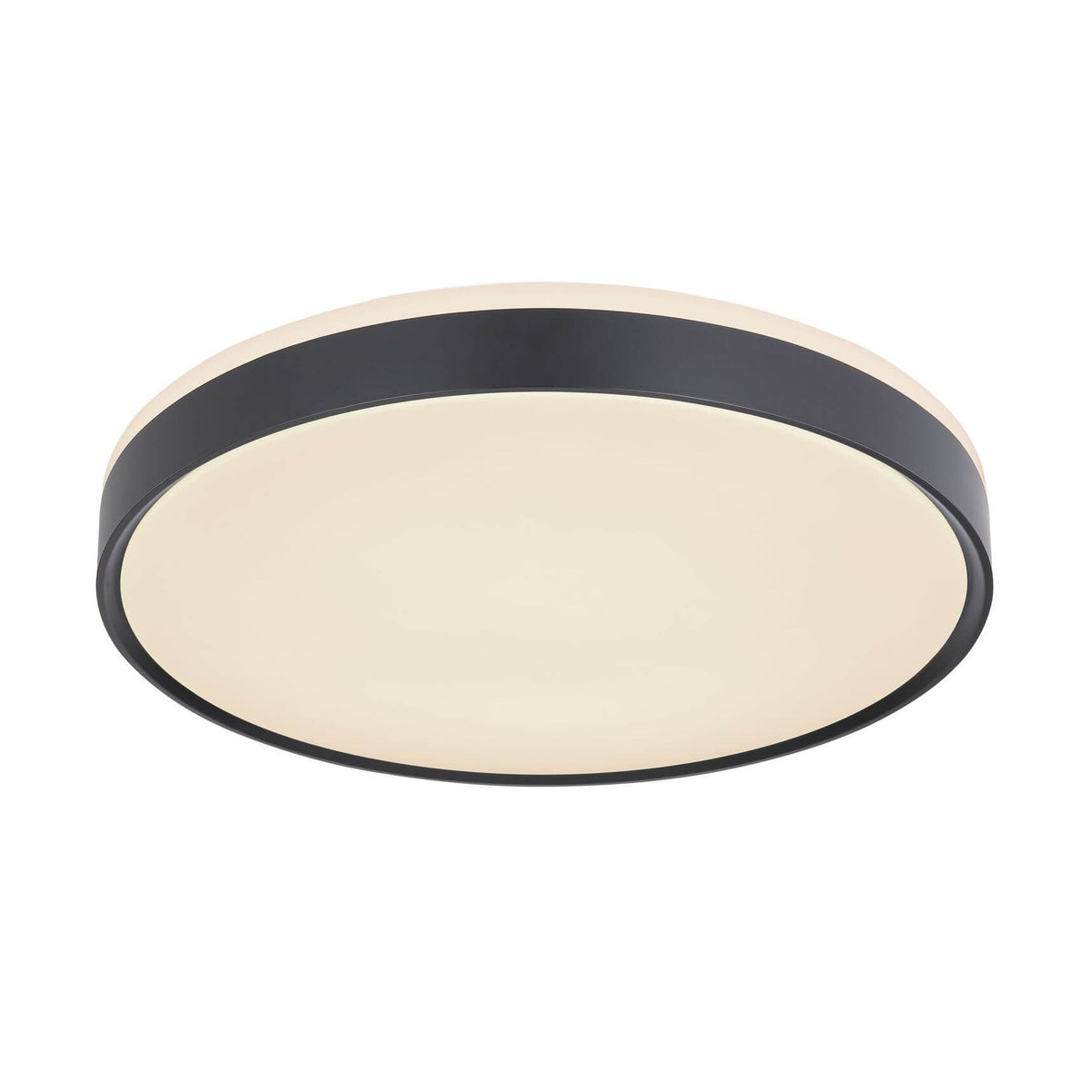 Plafonnier rond vu de trois quarts, cerclage anthracite et diffuseur opalin ivoire