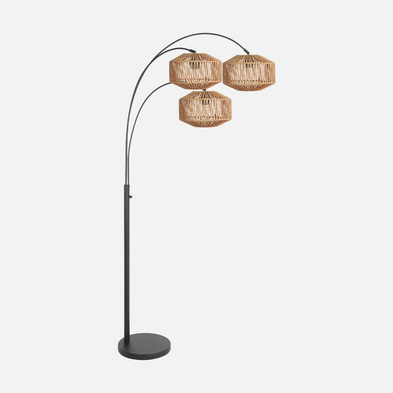 Lampadaire arc corde naturelle, 3 lumières noir mat H 180 cm | Cordéo