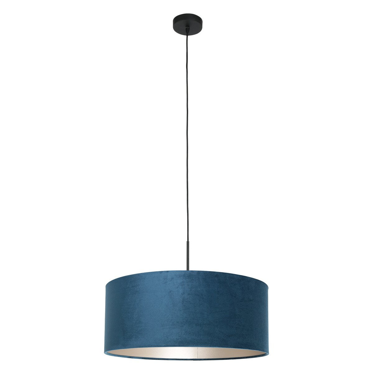 Suspension velours bleu, abat-jour tambour intérieur argent Ø50 | Loomis