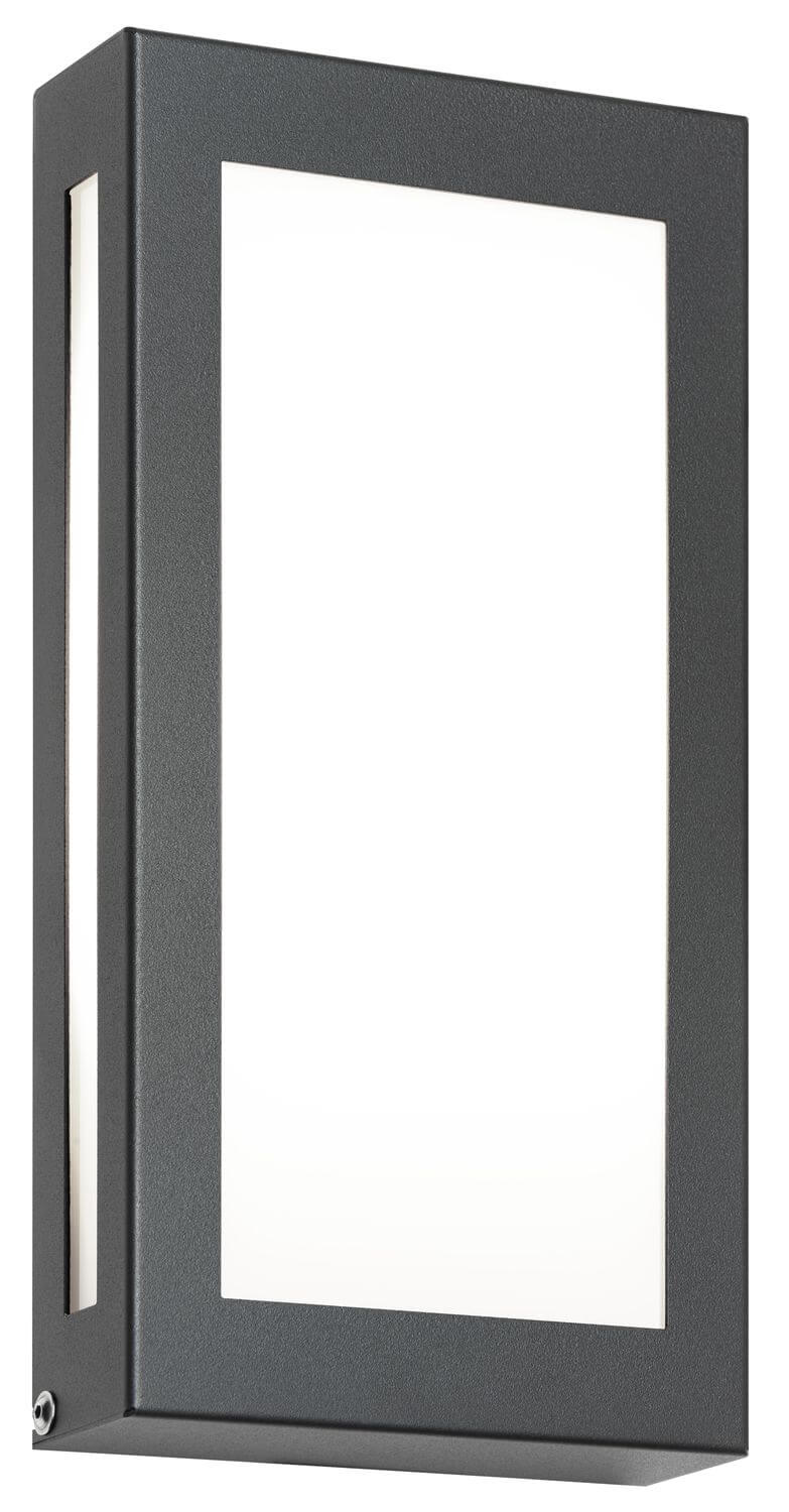 Vue rapprochée du profil de l'applique murale anthracite et de sa face lumineuse blanche.