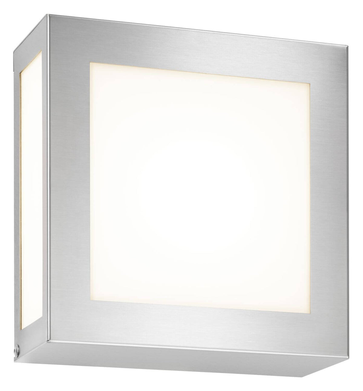 Applique murale carrée en inox brossé avec large diffuseur blanc lumineux.