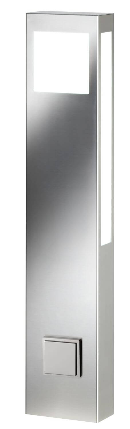 Vue latérale du luminaire montrant la fenêtre lumineuse verticale et le profil en inox.
