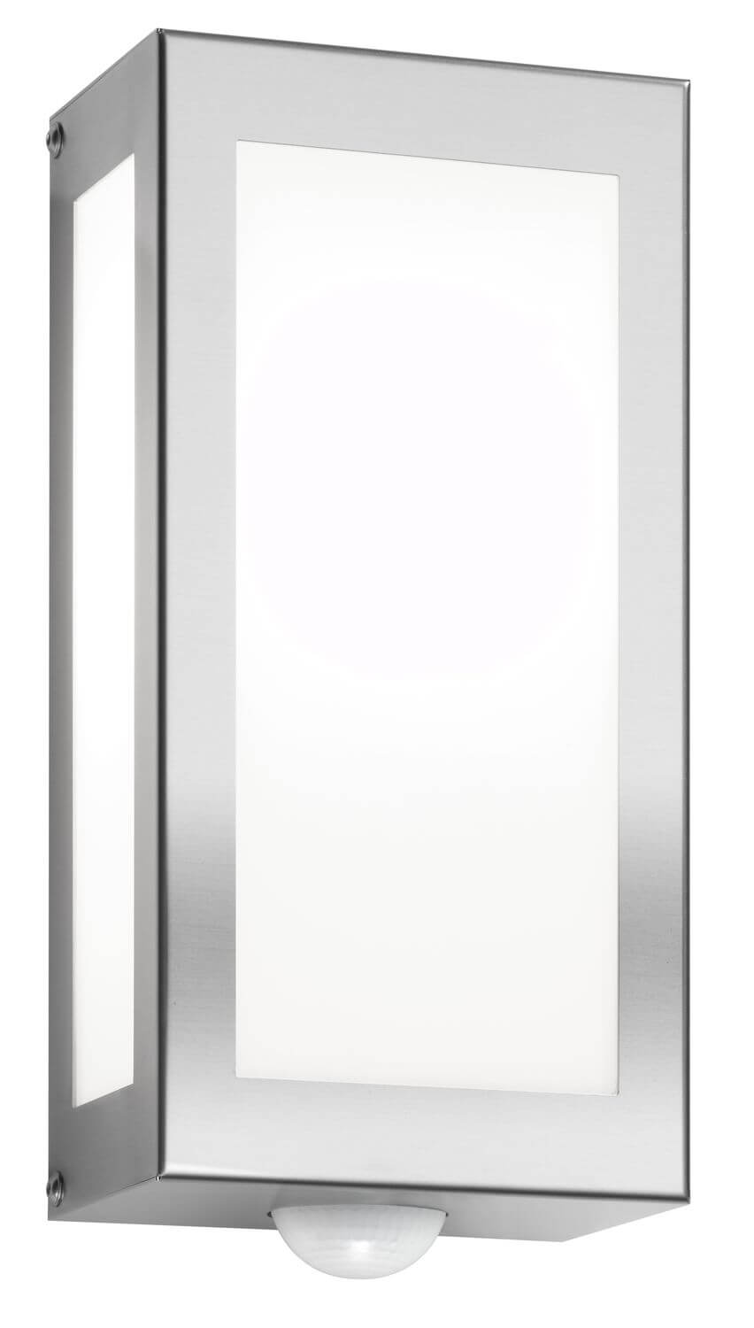 Vue latérale d'une applique murale en inox avec panneau diffusant blanc et capteur intégré en bas.