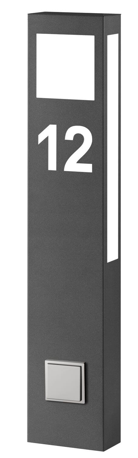 Vue de face du luminaire extérieur anthracite avec diffuseur carré et numéro 12.