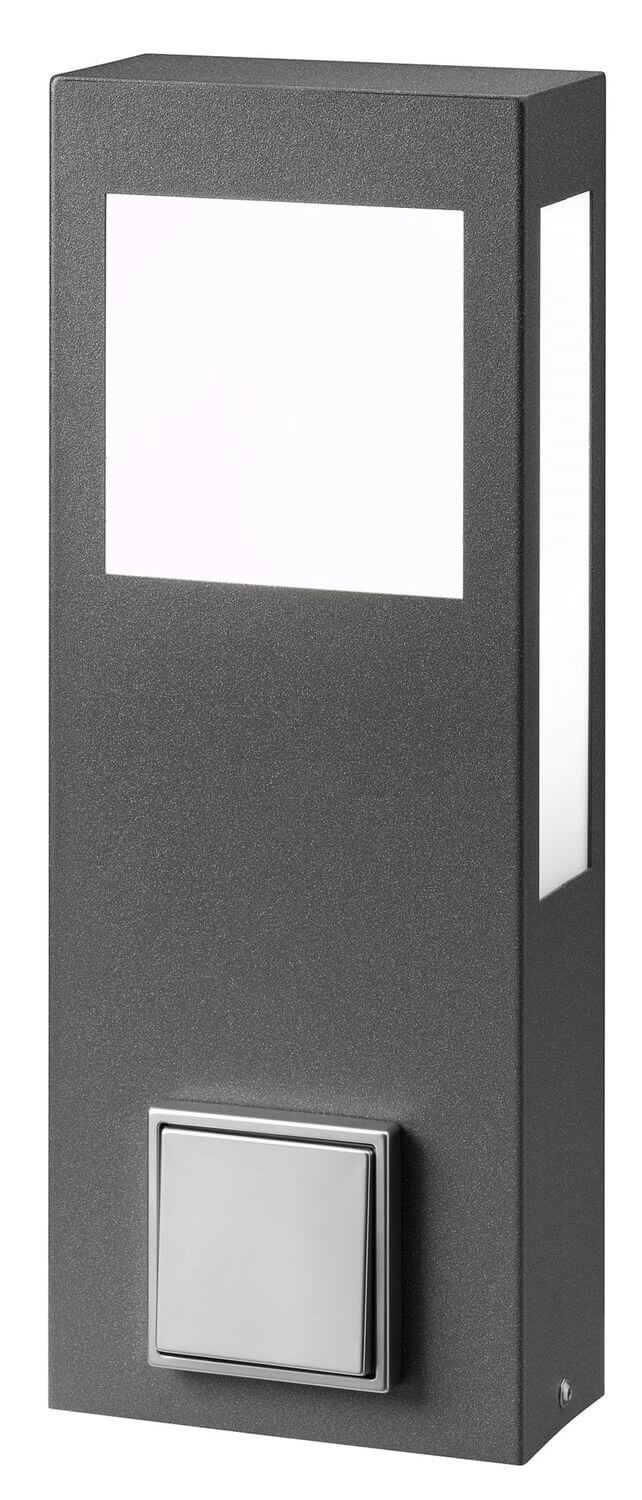 Vue frontale du luminaire extérieur anthracite, diffuseur blanc en partie haute et interrupteur en bas.