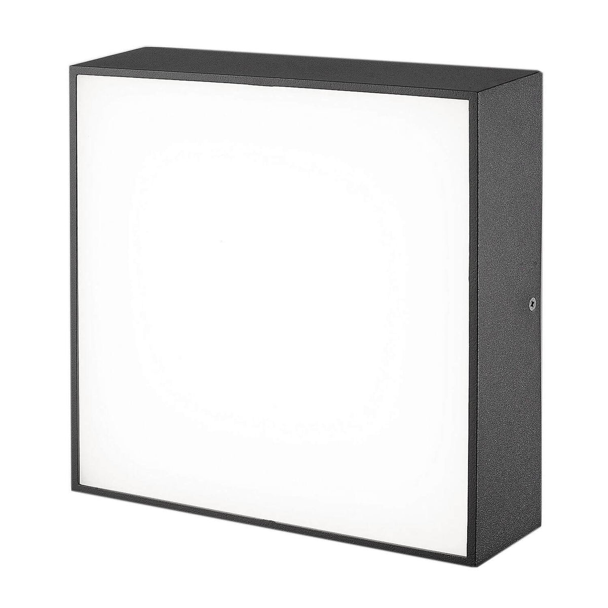 Vue de trois quarts du luminaire mural carré à cadre anthracite et diffuseur blanc.