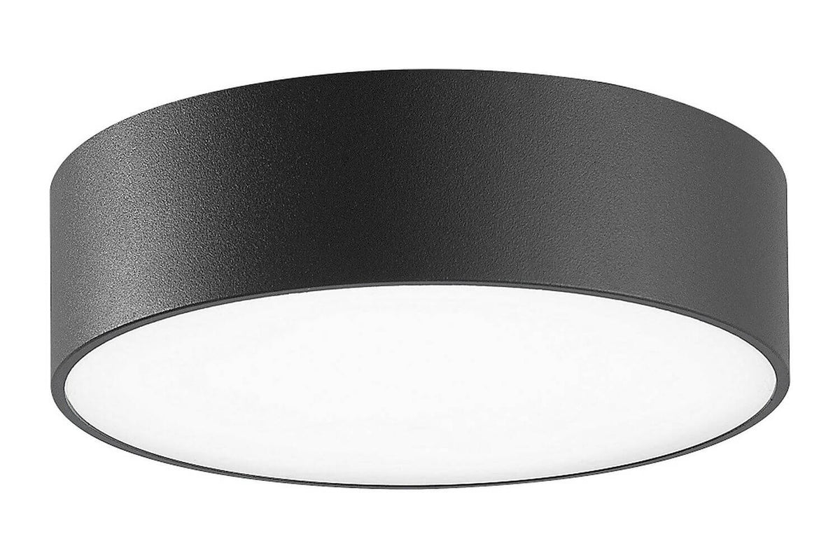 Autre vue de face du luminaire rond, mettant en valeur le cylindre anthracite et le diffuseur.
