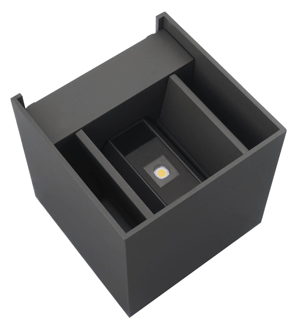 Vue en plongée montrant l'intérieur du boîtier avec module LED et cloisons réfléchissantes