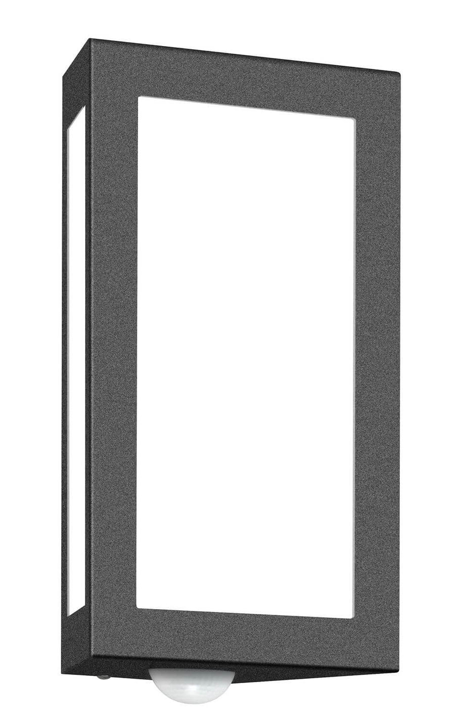 Vue de trois quarts du luminaire mural anthracite, panneau blanc et cellule de détection en bas.