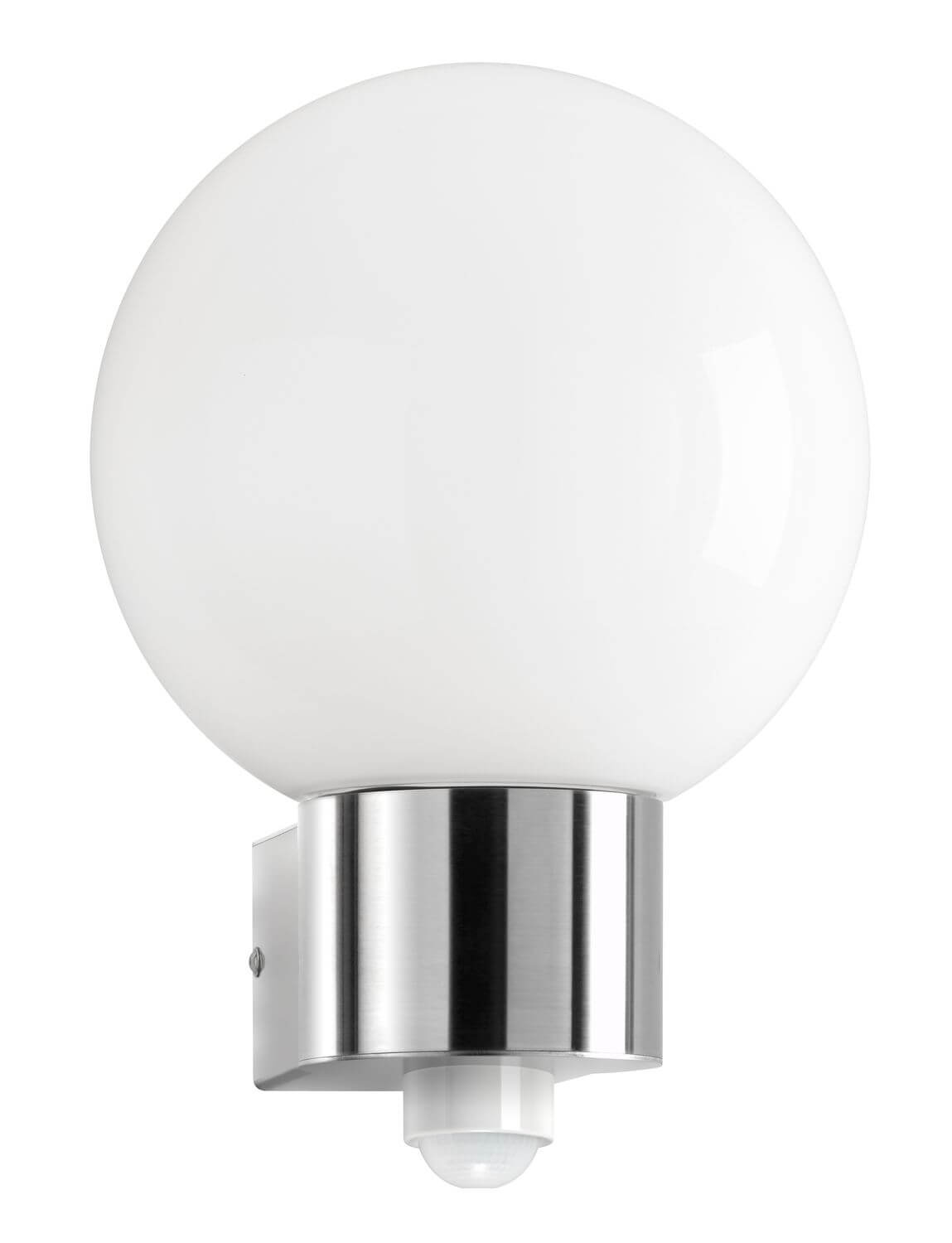 Applique murale extérieure de face avec globe en verre blanc et support cylindrique inox