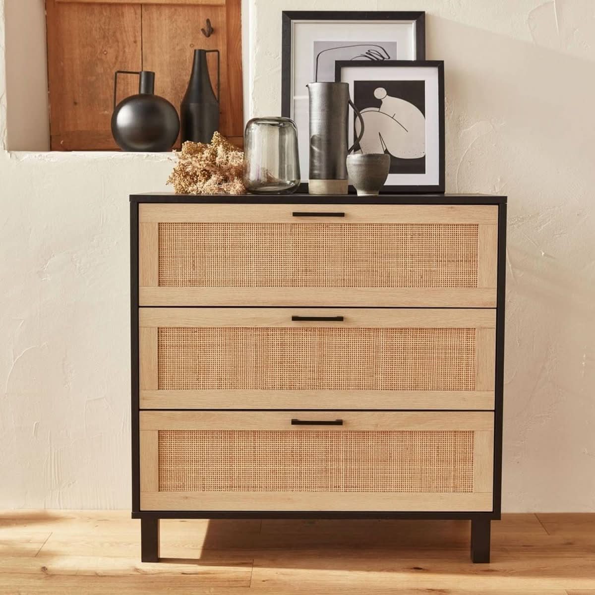 Commode Noire Cannage Tiroirs | Évasion - Designix Commode