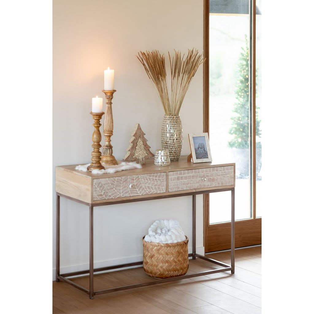 Console Beige Motifs Bois 2 Tiroirs - Designix