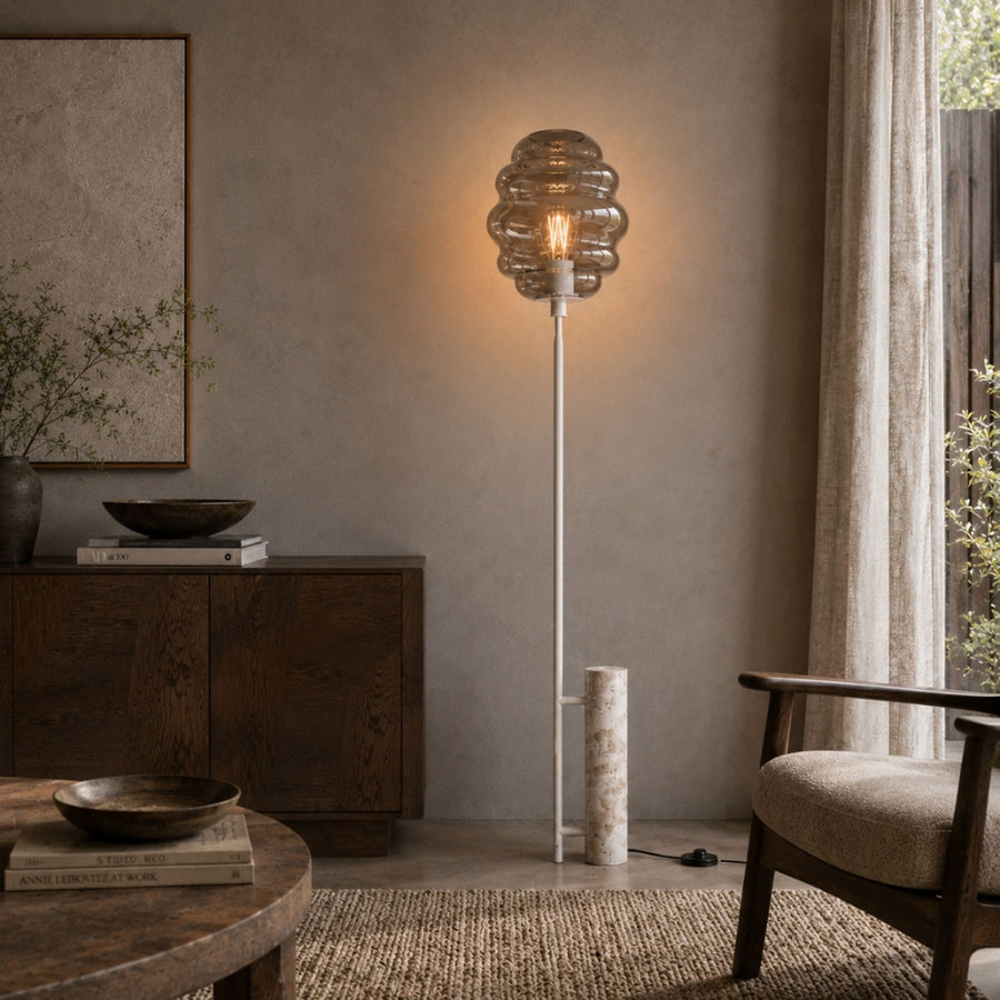 Lampadaire Echos, pied en travertin, monture blanche