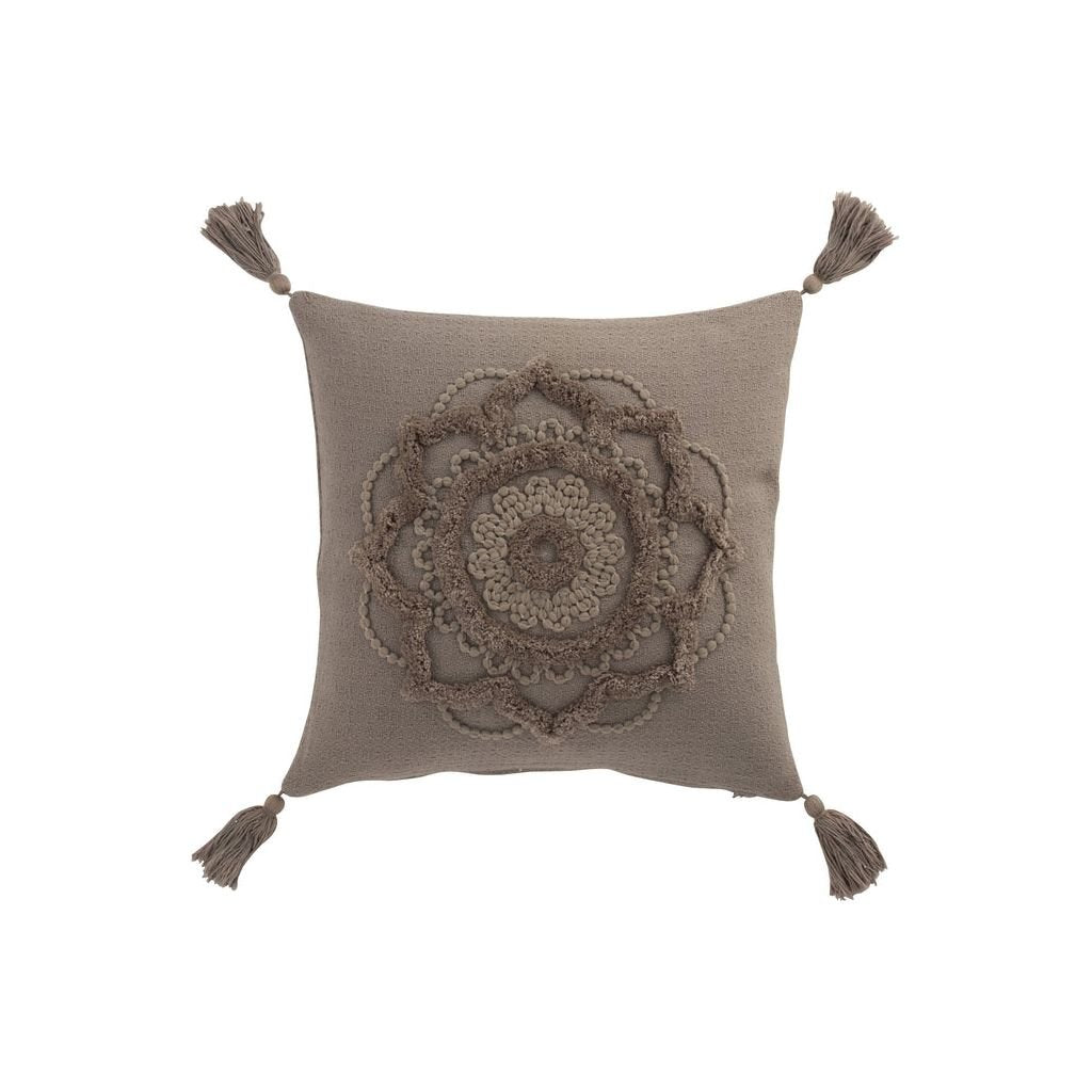 Coussin Fleur Taupe Avec Pompons - Designix
