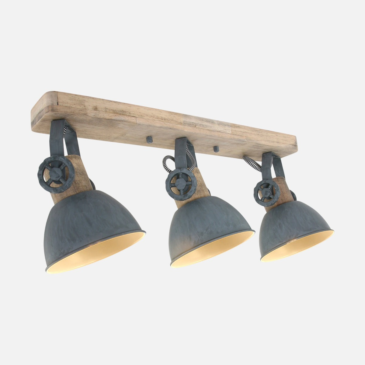 Plafonnier industriel gris 3 spots Gearwood, barre en bois et abat-jours métal