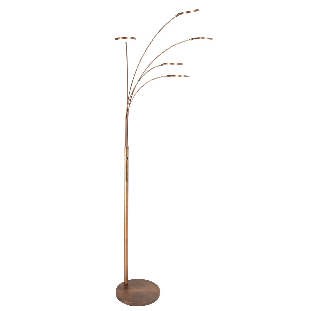 Lampadaire bronze entier de face avec cinq bras courbes et socle rond.