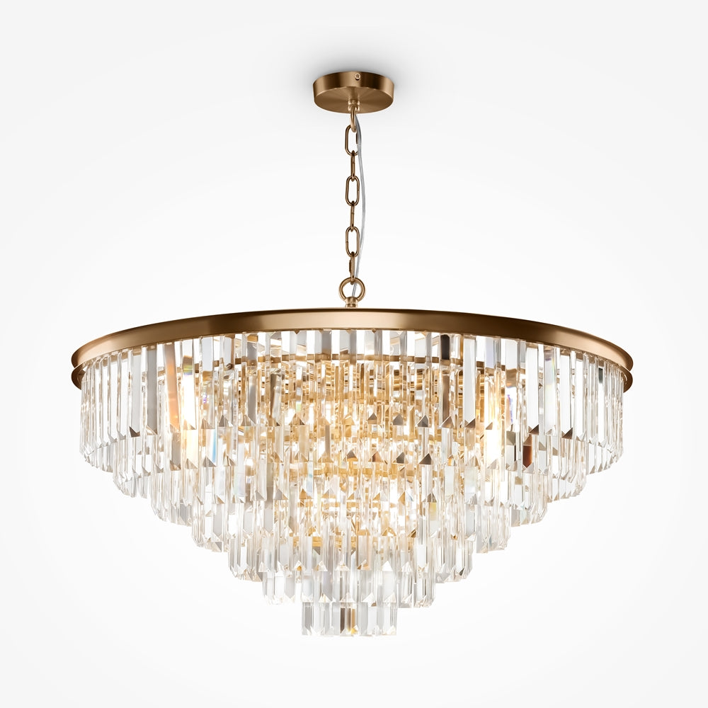 Grand lustre suspension à trois rangées de prismes cristallins étagés