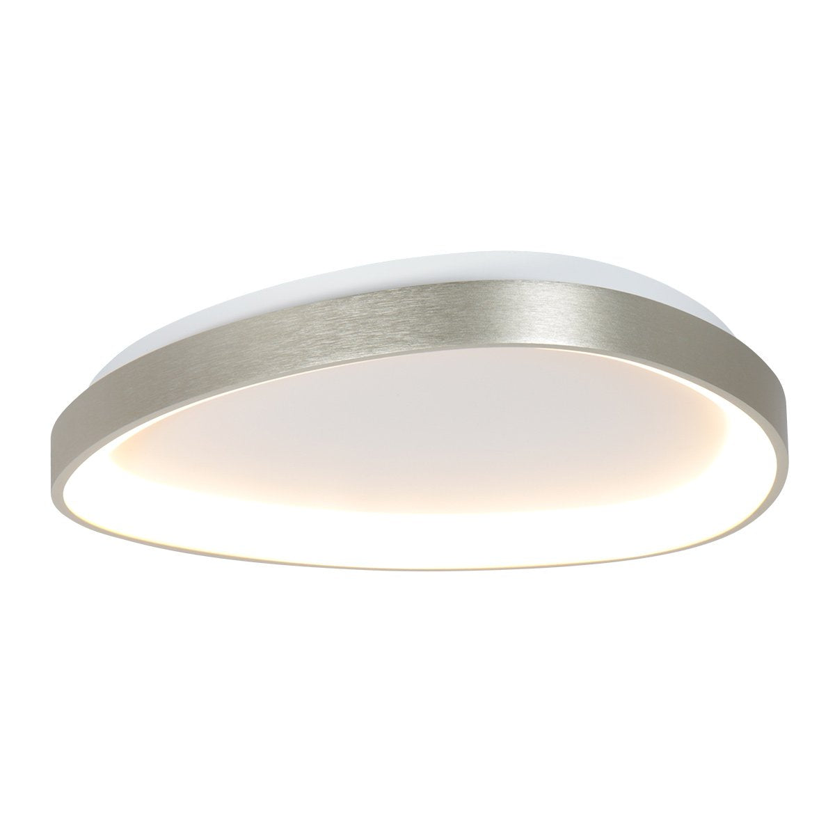 Plafonnier rond argenté allumé, vu de face sur fond blanc