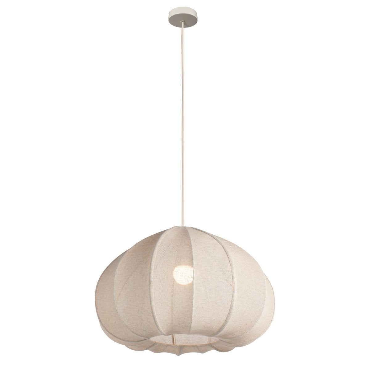 Vue entière du luminaire suspendu avec câble textile et rosace blanche.