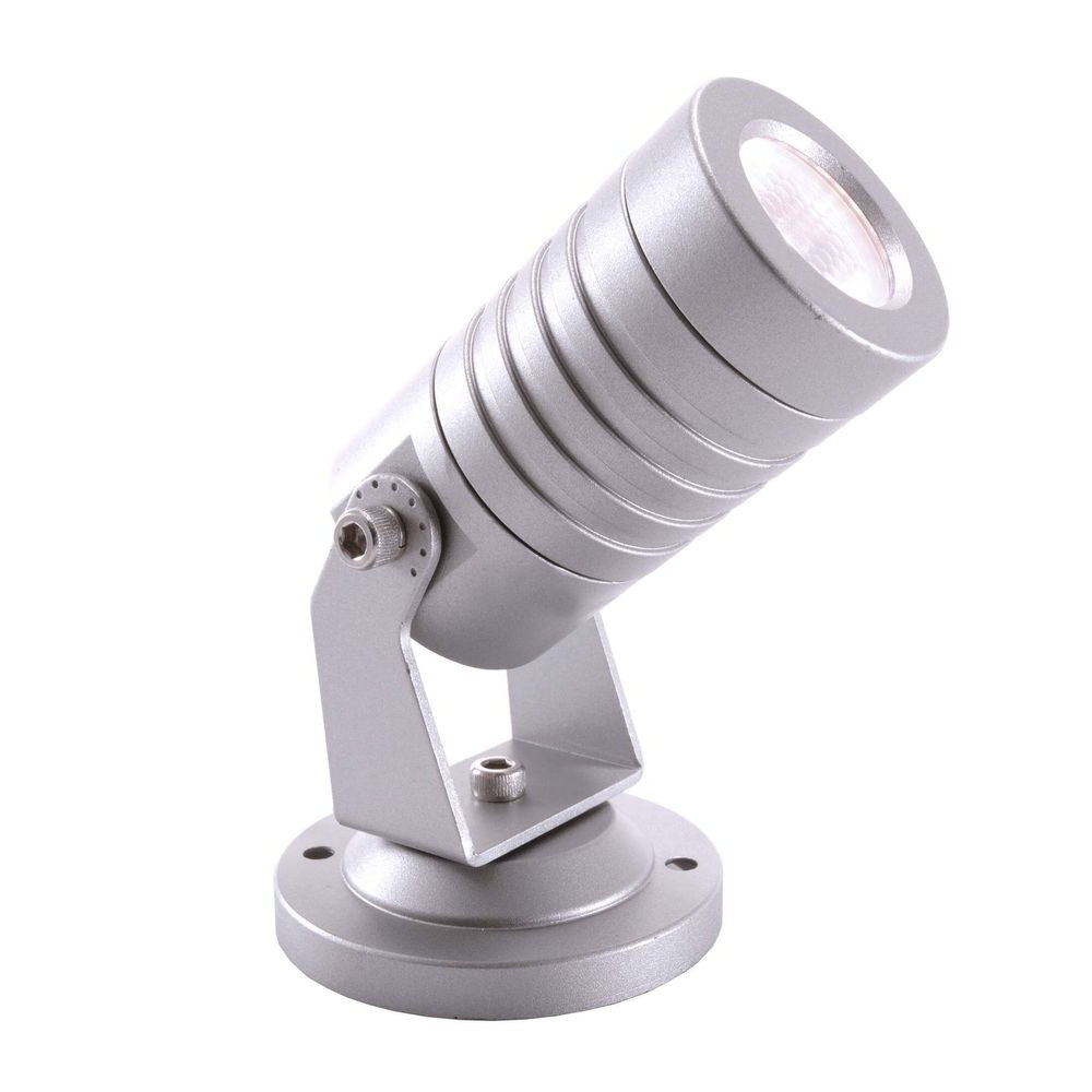 Spot extérieur argenté orientable, tête cylindrique nervurée et embase de fixation ronde